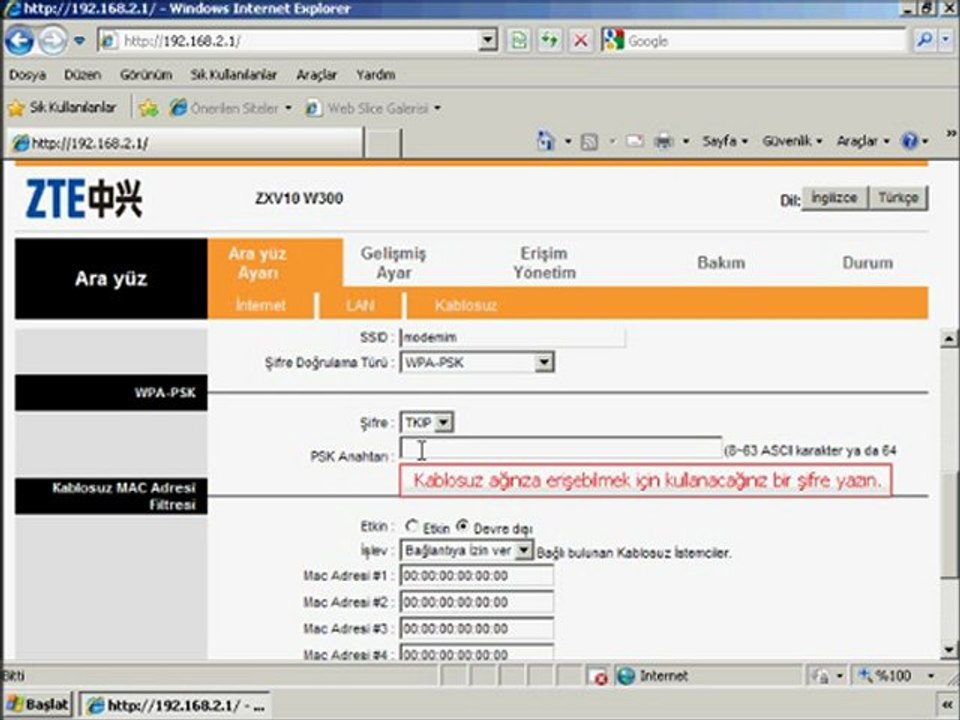 ZTE ZXV10-w300 Kablosuz Bağlantı Ayarları