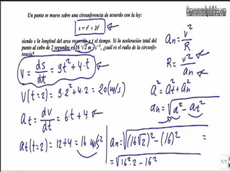 Problema resuelto de cinematica (19) calcular radio curvatura dada la aceleracion