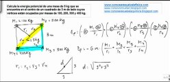 Fisica energia potencial gravitatoria en un cuadrado con cuatro masas