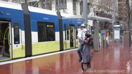Gandalf Playing Bagpipes Riding a Unicycle in Portland
