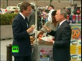 Cameron, Bloomberg share hot dogs in NYC