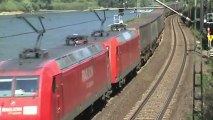 Züge und Schiffe bei Assmannshausen, LTE 185, 2x 145, Railion 185, DBAG 185, 3x 428