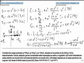 Fisica campo electrico campo  potencial y trabajo de tres cargas