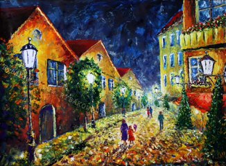 Free lesson night city landscape oil painting.