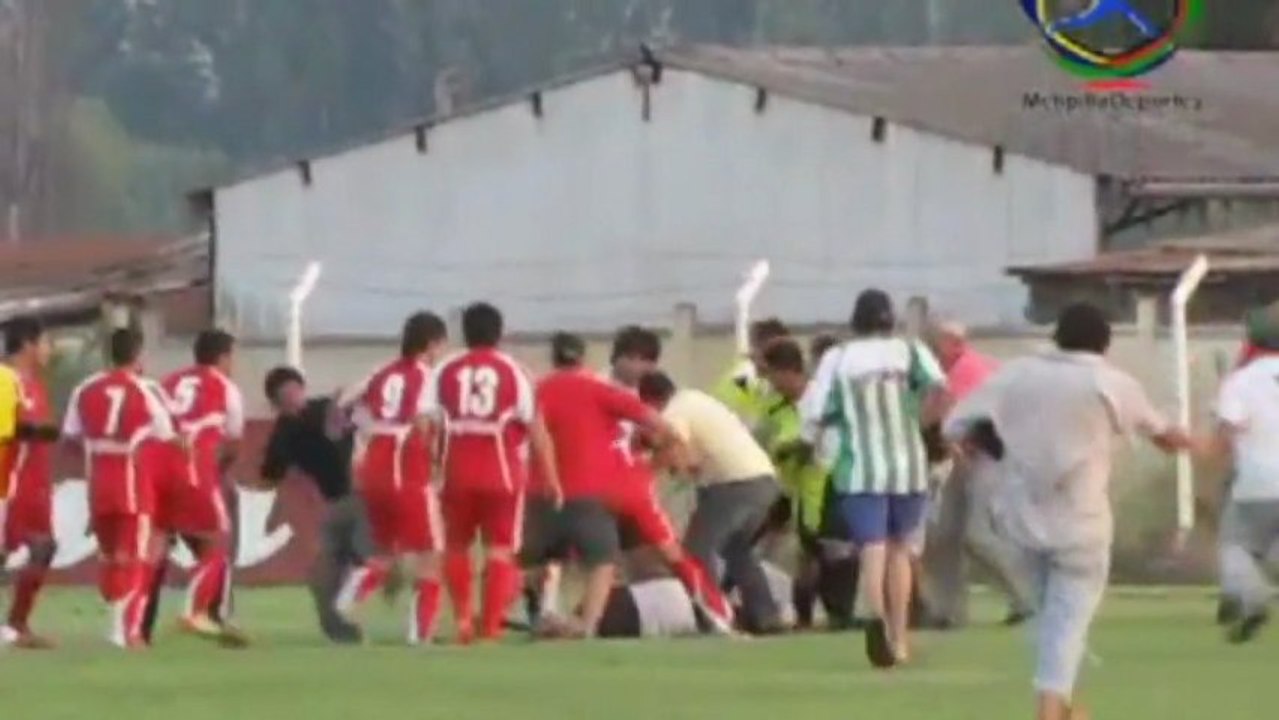 Referee attacked in football brawl