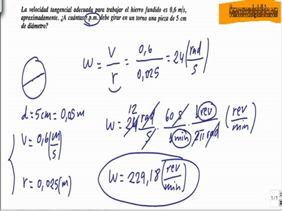 Problema resuelto de cinematica (26) calcular velocidad angular en rpm