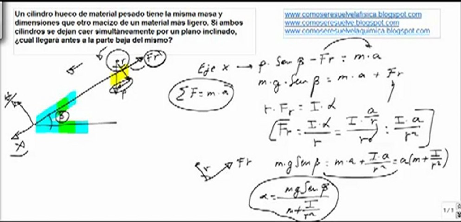 Fisica dinamica aceleracion de un cilindro por un plano inclinado