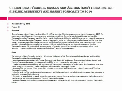 Chemotherapy-Induced Nausea and Vomiting (CINV) Therapeutics - Pipeline Assessment and Market Forecasts to 2019