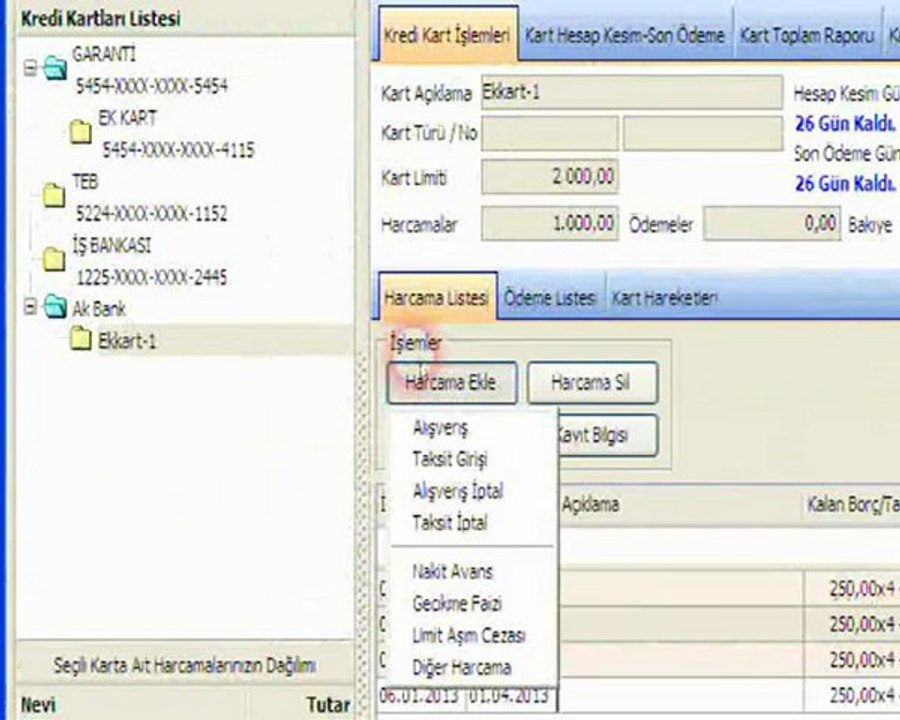 Kredi Kartı ile yaptığımız harcamaların kredi kartı programına girilmesi