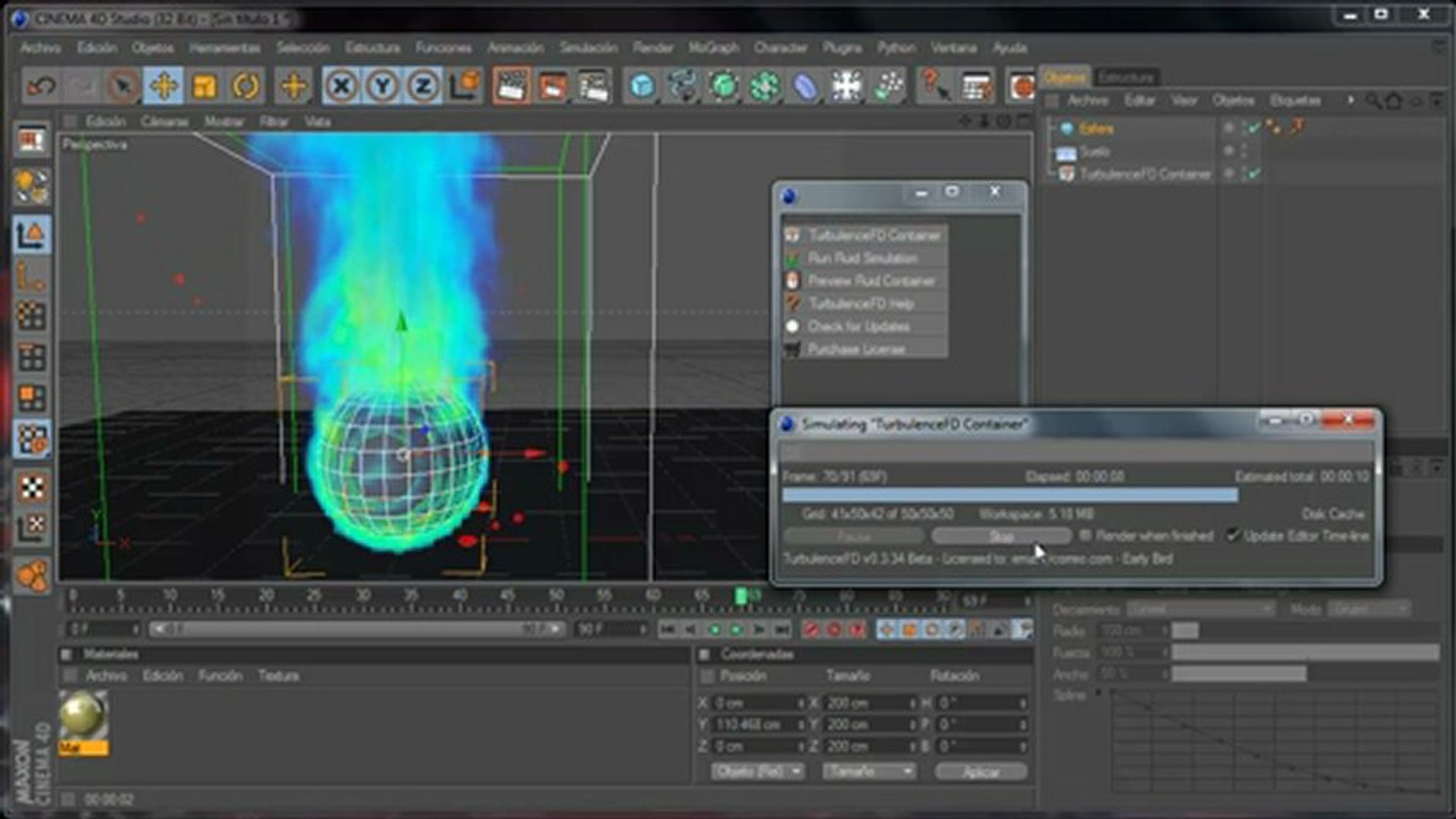 Plugin cinema 4d tutorial para Turbulence FD para crear FUEGO llamas en objetos c4d r12