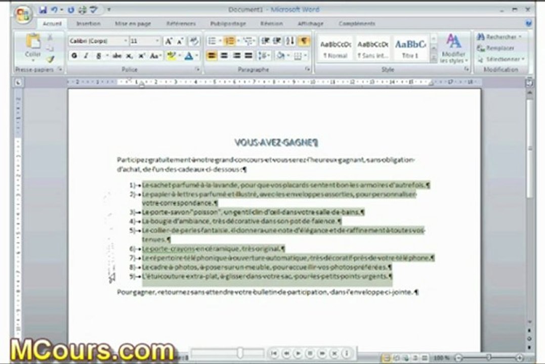 Tutoriel WORD 2007: Cours N°23 Créer liste a puces ou numéros dans Word 2007