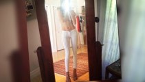 Topless Rosie Huntington-Whiteley Flaunts Her Abs in White Jeans