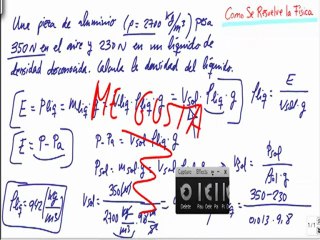 Principio de arquimedes calcular densidad del liquido Fisica Fluidos