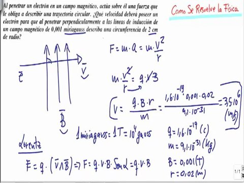 Calcular velocidad del electron en interior campo magnetico Fisica Electromagnetismo