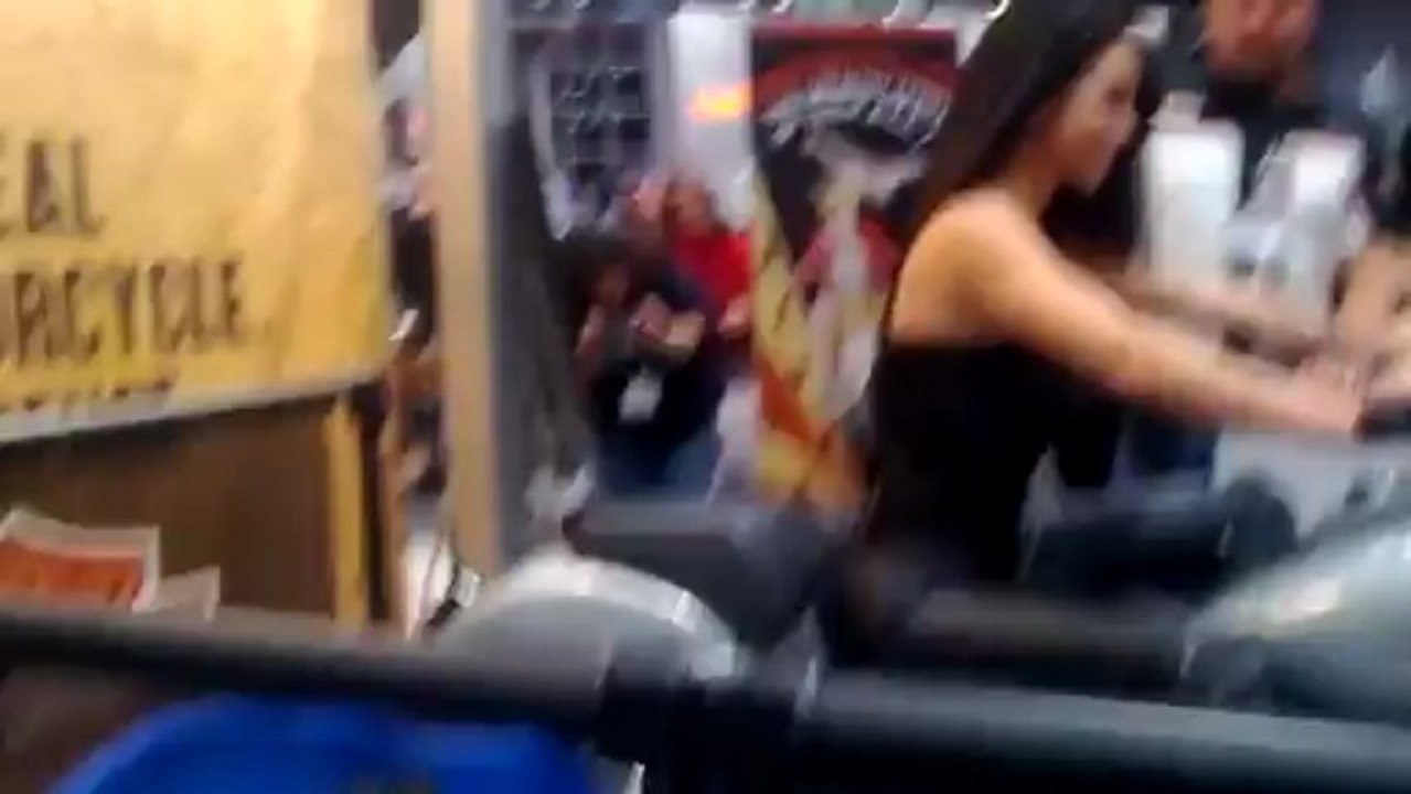 Sexy Spanish Hot Chick on a Harley Learning How to Shift at the NYC Motorcycle Show (HD)