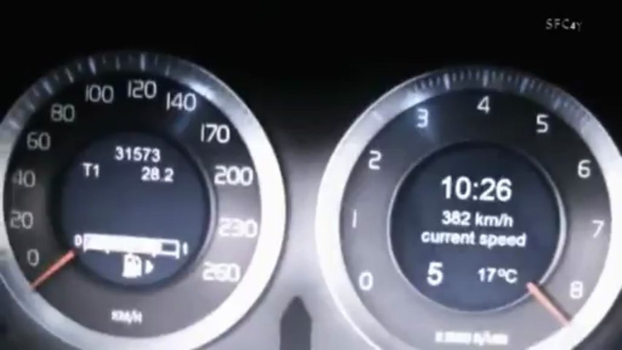 Compteur d'une Volvo S60 qui monte à 383 km/h