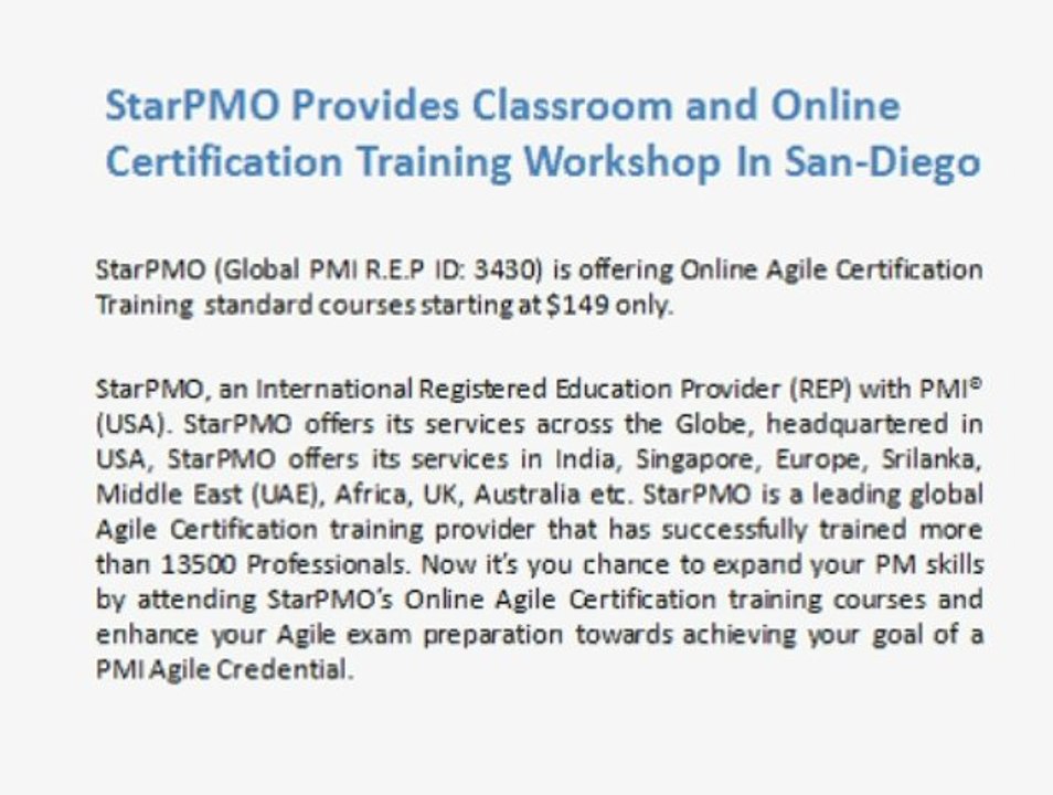 StarPMO Provides Classroom and Online PMI-ACP Agile Certification Training Workshop In San Diego