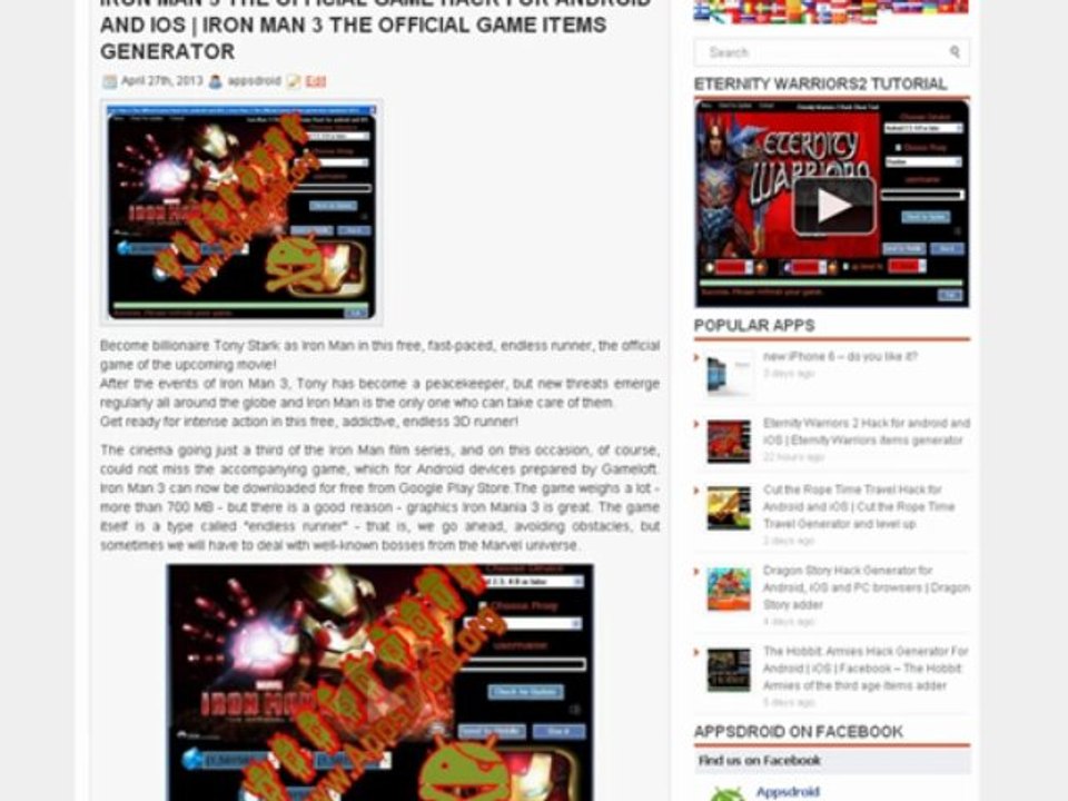 Iron Man 3 The Official Game Hack for android and iOS | Iron Man 3 The Official Game items generator Updated 2013
