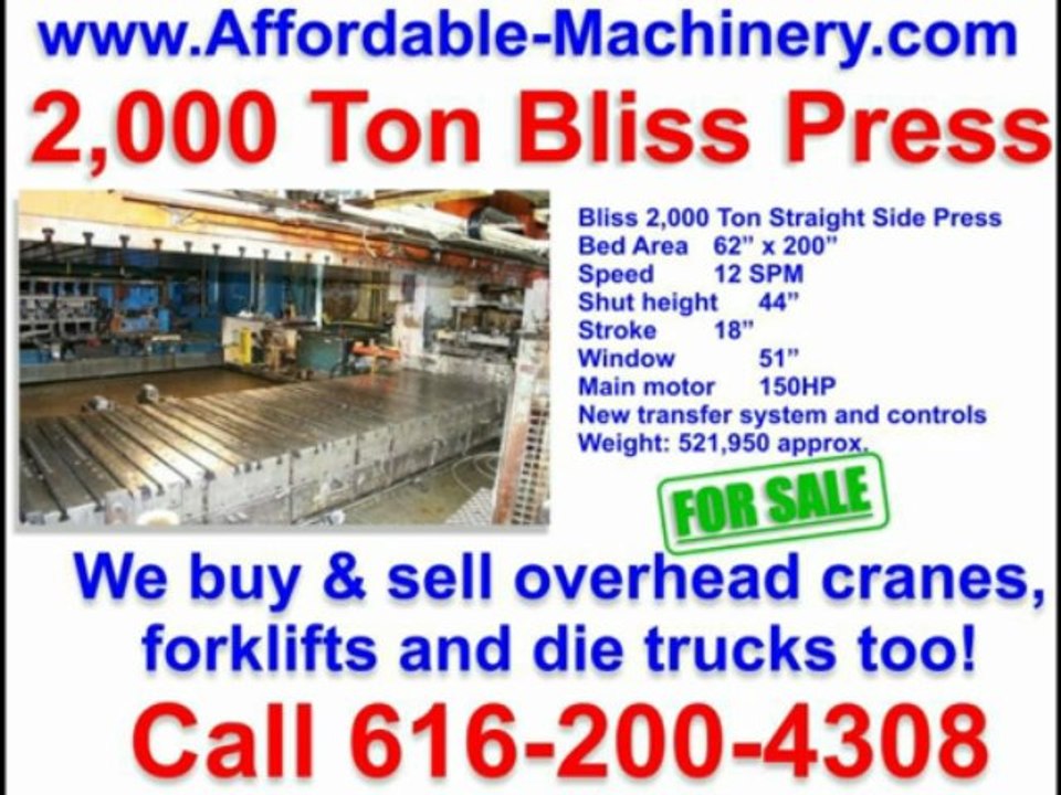 2,000 Ton Bliss Metal Stamping Punch Press For Sale - 2000 Ton Bliss Press