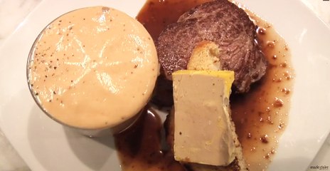 Filet de boeuf façon rossini, verrine de mousse de potiron et marrons