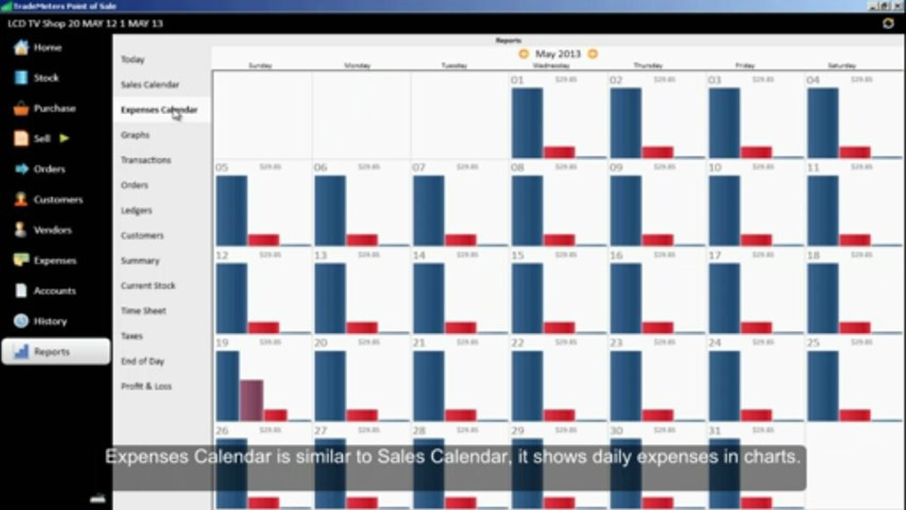TradeMeters POS V3 Reports Today Dashboard Sales and Expenses Calendars