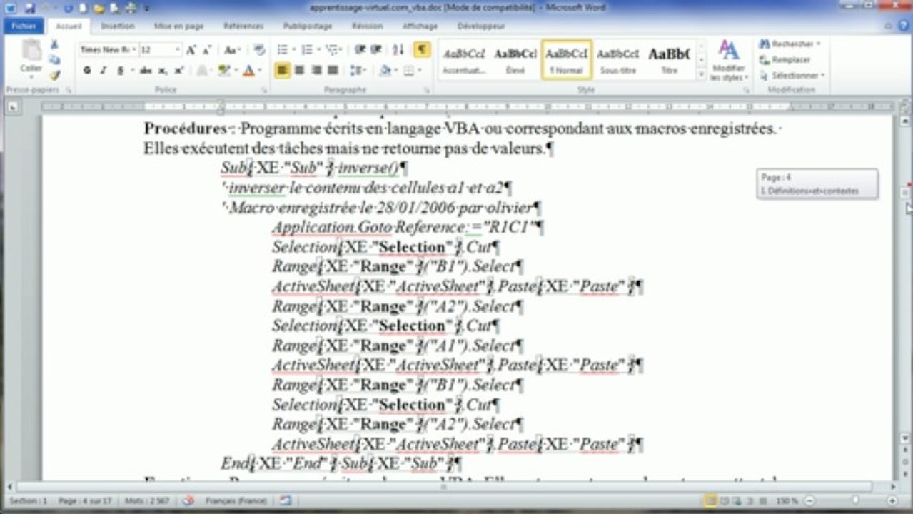 Word perfectionnement | Exercice pratique sur la table d'index