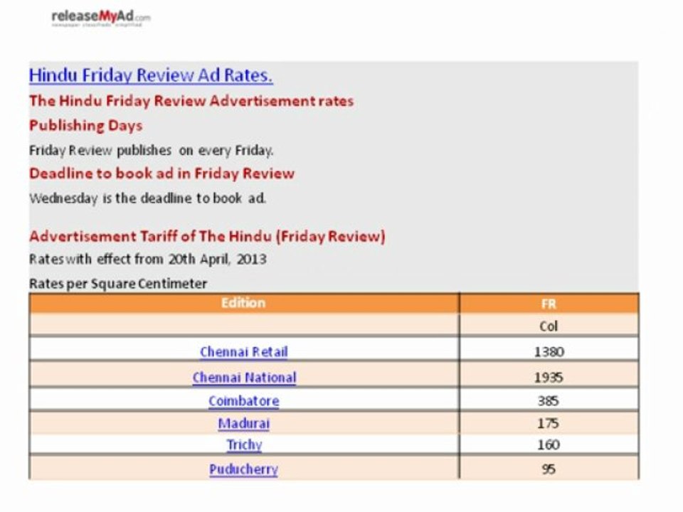 Hindu Rate Card 2013 - releaseMyAd