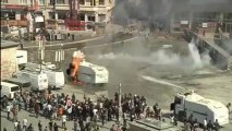 Burning water cannon rescued by water cannon in Istanbul
