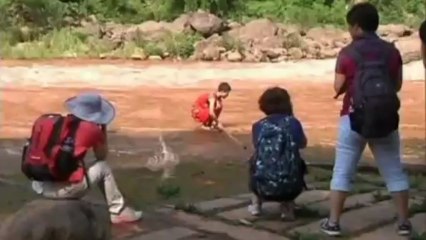 Men ride river rapid while balancing on log of bamboo