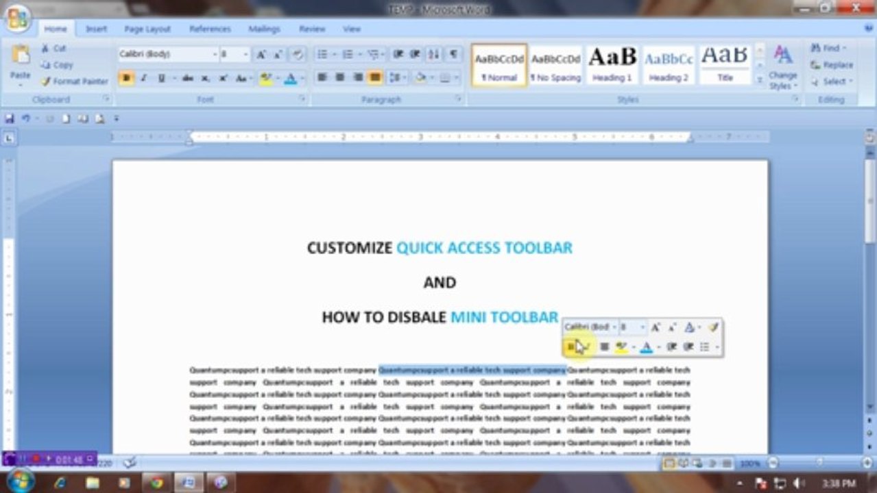 Customize Quick Access Toolbar and disable mini toolbar in MS Word 2007