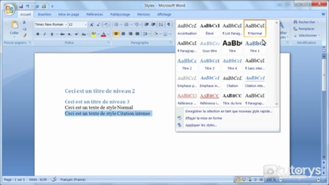 Comment utiliser les styles prédéfinis avec Word 2007 ?
