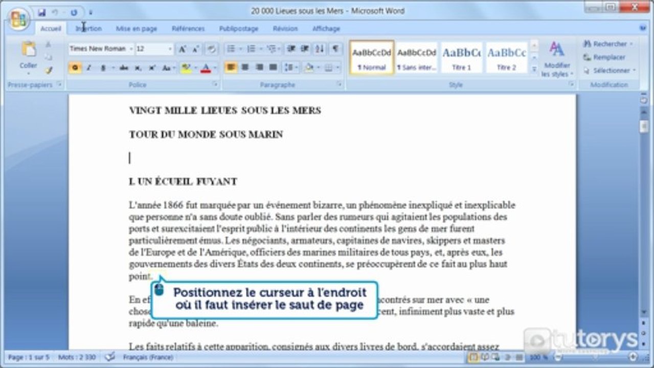Comment insérer un saut de page avec Word 2007 ?
