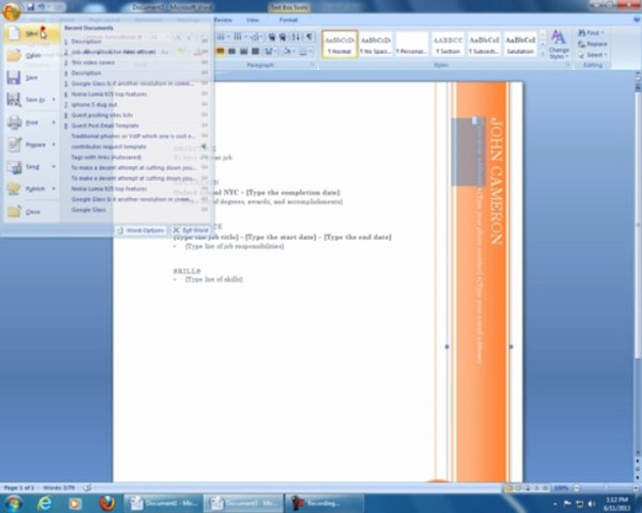 Creating New Documents in MS word 2007 ch 2 pt 1
