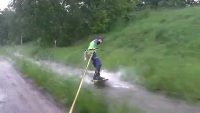 Wakeboarding in German flood waters