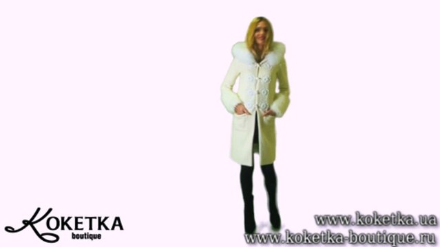 KOKETKA BOUTIQUE -Пальто белого цвета с меховым капюшоном и манжетами