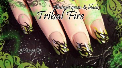 Easy abstract nail art; Green & Black tribal fire tutorial