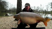 Carp fishing - Matt Collins catching a 43lb mirror carp at Beausoleil - France