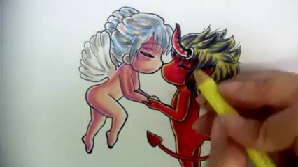 COMO DIBUJAR UN ANGEL Y DIABLO CHIBI / COMO HACER UN DIBUJO DE AMOR