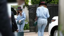 Khloe Kardashian Looks Somber in a Tight Double Denim Outfit