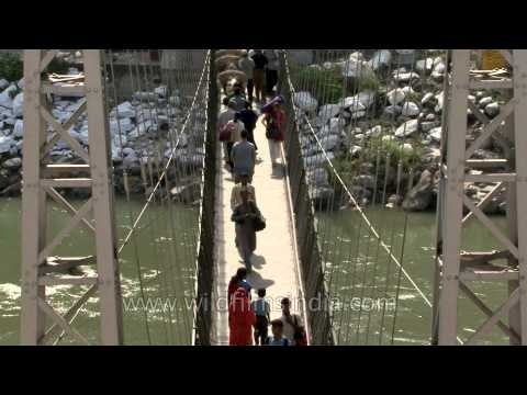 People crossing the Lakshma Jhula at Rishikesh, Uttarakhand