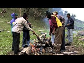 Nepalese porters prepare a freshly killed lamb