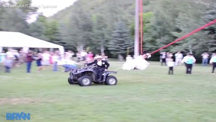Daredevil Bride Throws Bouquet From Huge Slingshot