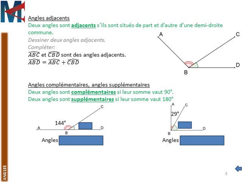5ème - ANGLES - Adjacents, complémentaires, supplémentaires