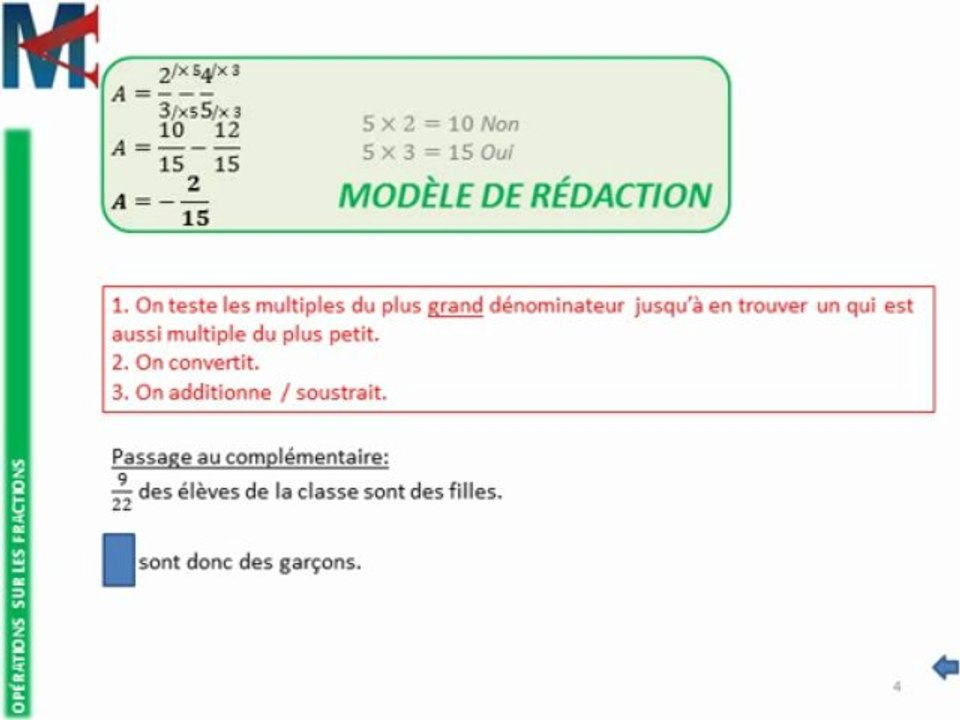 4ème - OPERATIONS SUR LES FRACTIONS - Addition, Soustraction, 4ème proportionnelle