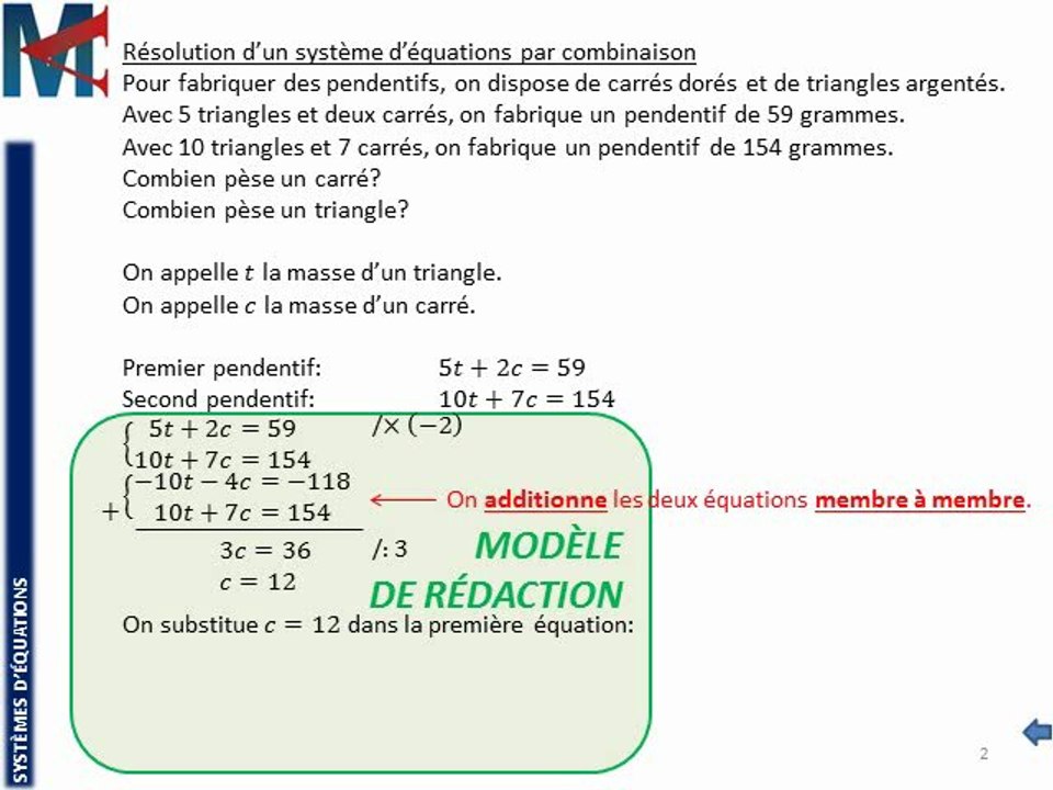 3ème - SYSTEMES D'EQUATIONS - Résolution par combinaison (addition)