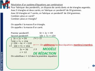 3ème - SYSTEMES D'EQUATIONS - Résolution par combinaison (addition)