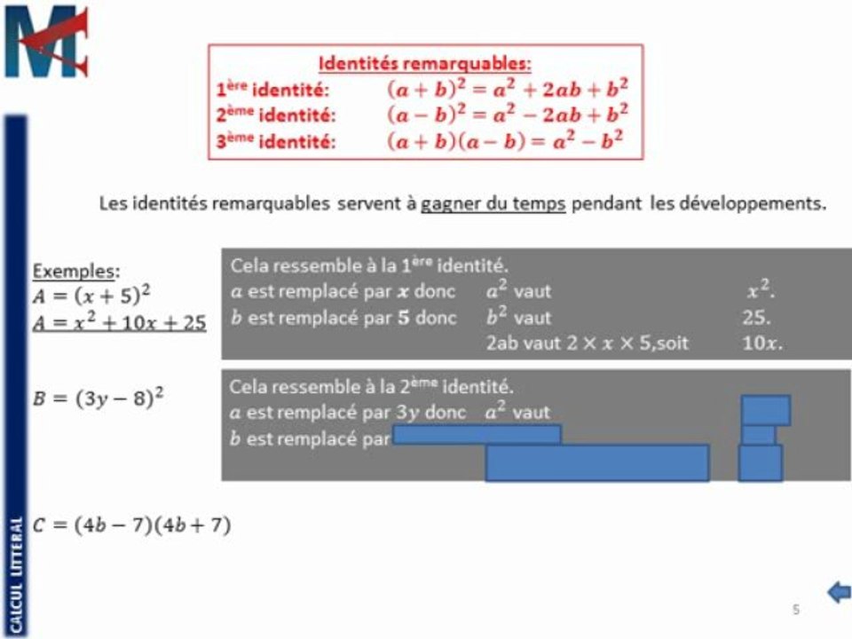 3ème - CALCUL LITTERAL - Identités remarquables