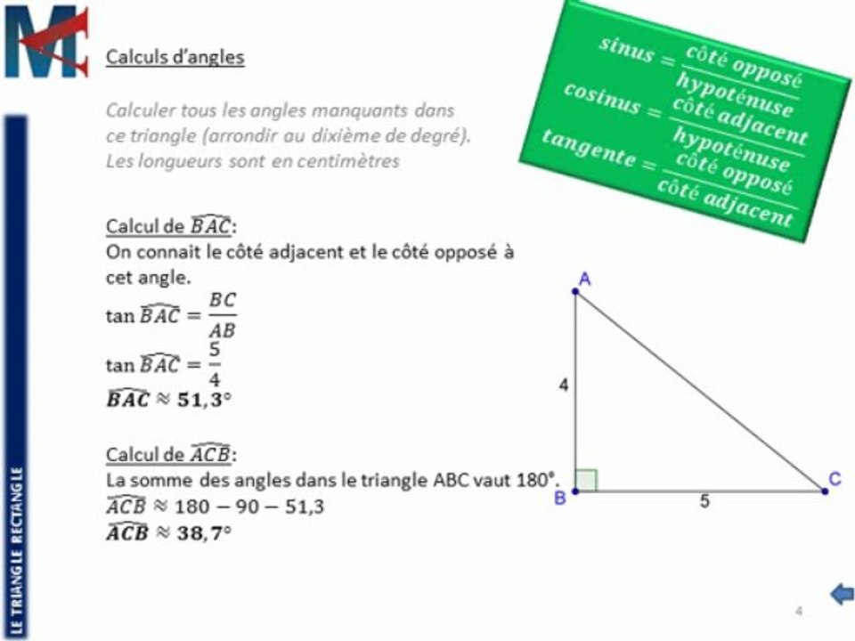 3ème - LE TRIANGLE RECTANGLE - Trigonométrie, Calcul d'angles - Vidéo  Dailymotion