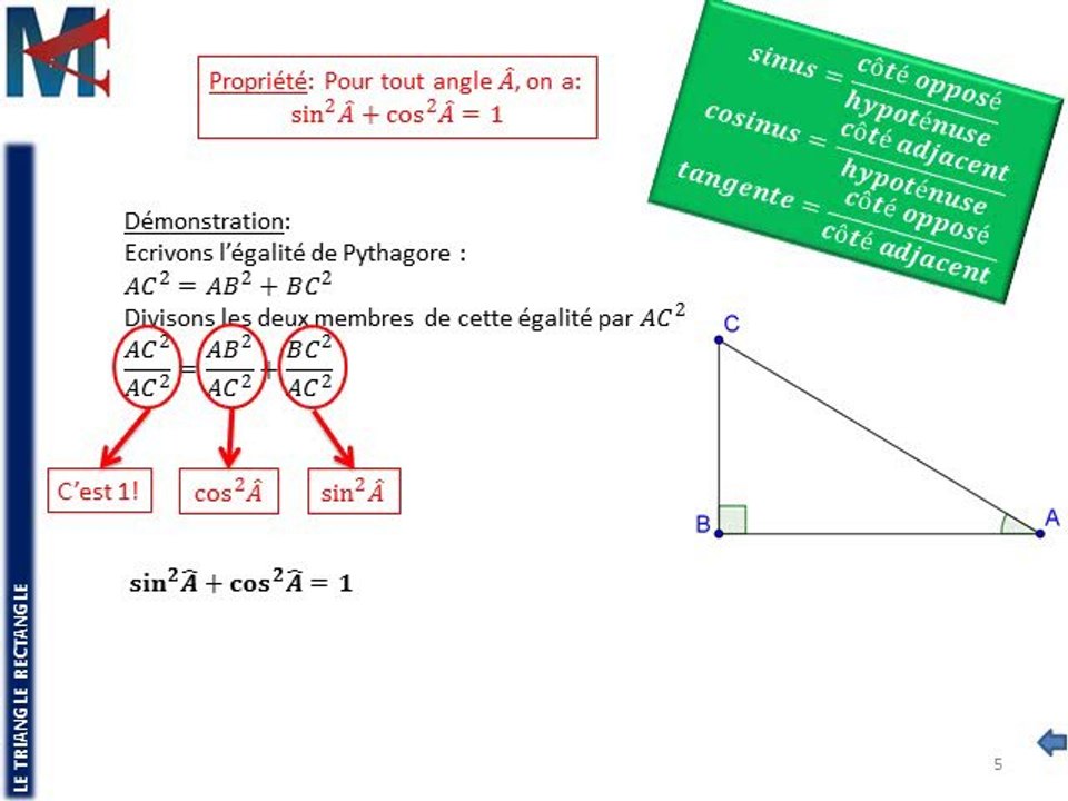 3ème - LE TRIANGLE RECTANGLE - Formules avec sinus, cosinus, tangente