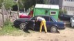 Car filled with cement in Russian prank